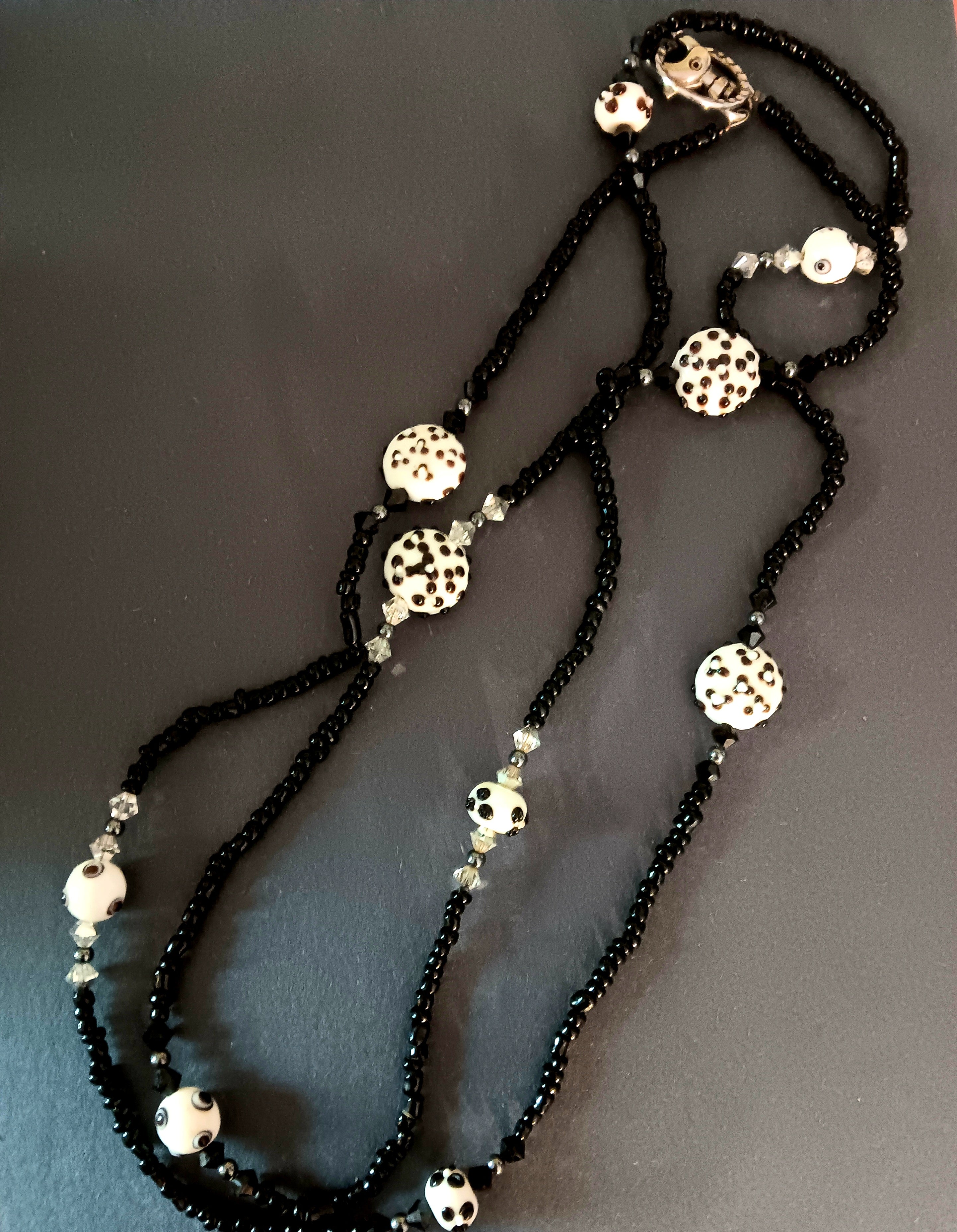 Necklace white glass Balls & Discs with applied black dots