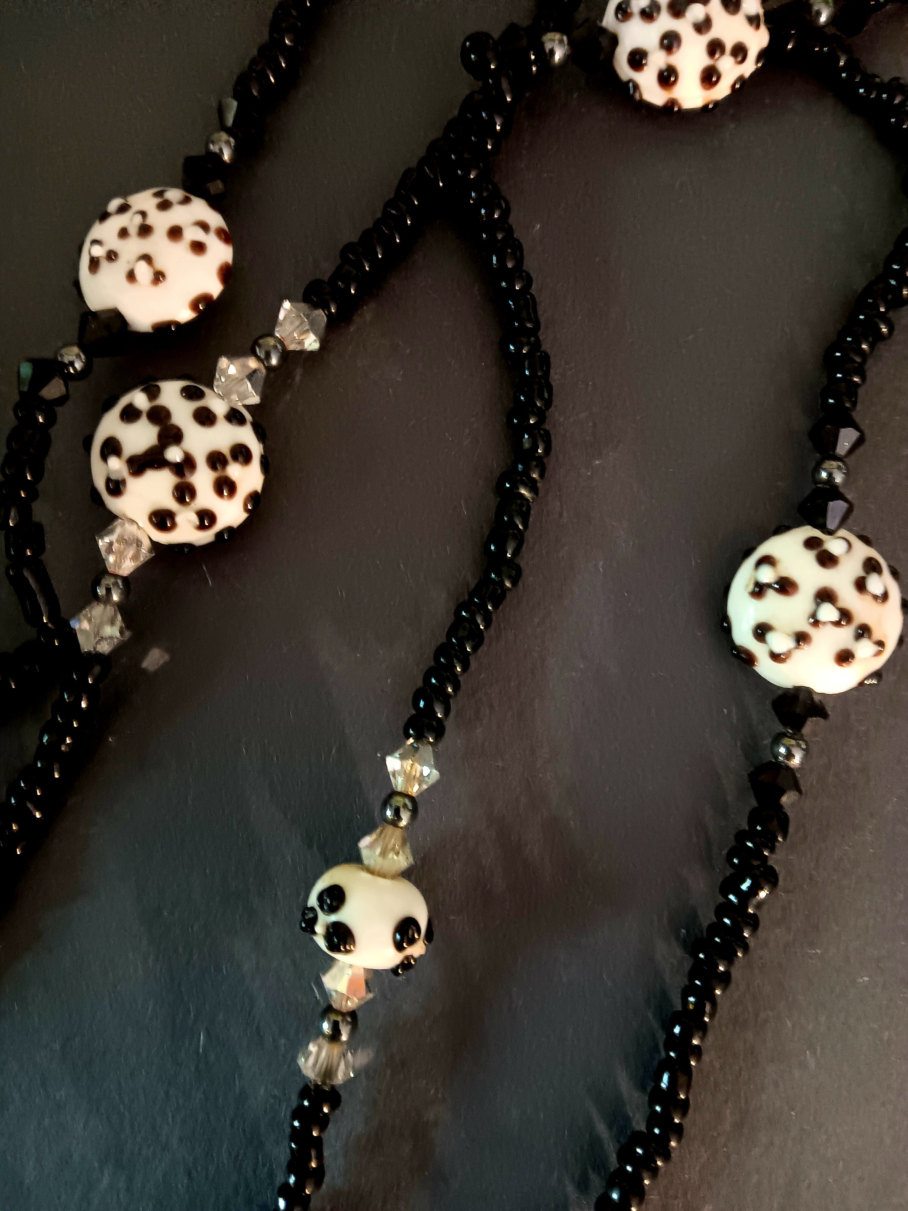 Necklace white glass Balls & Discs with applied black dots