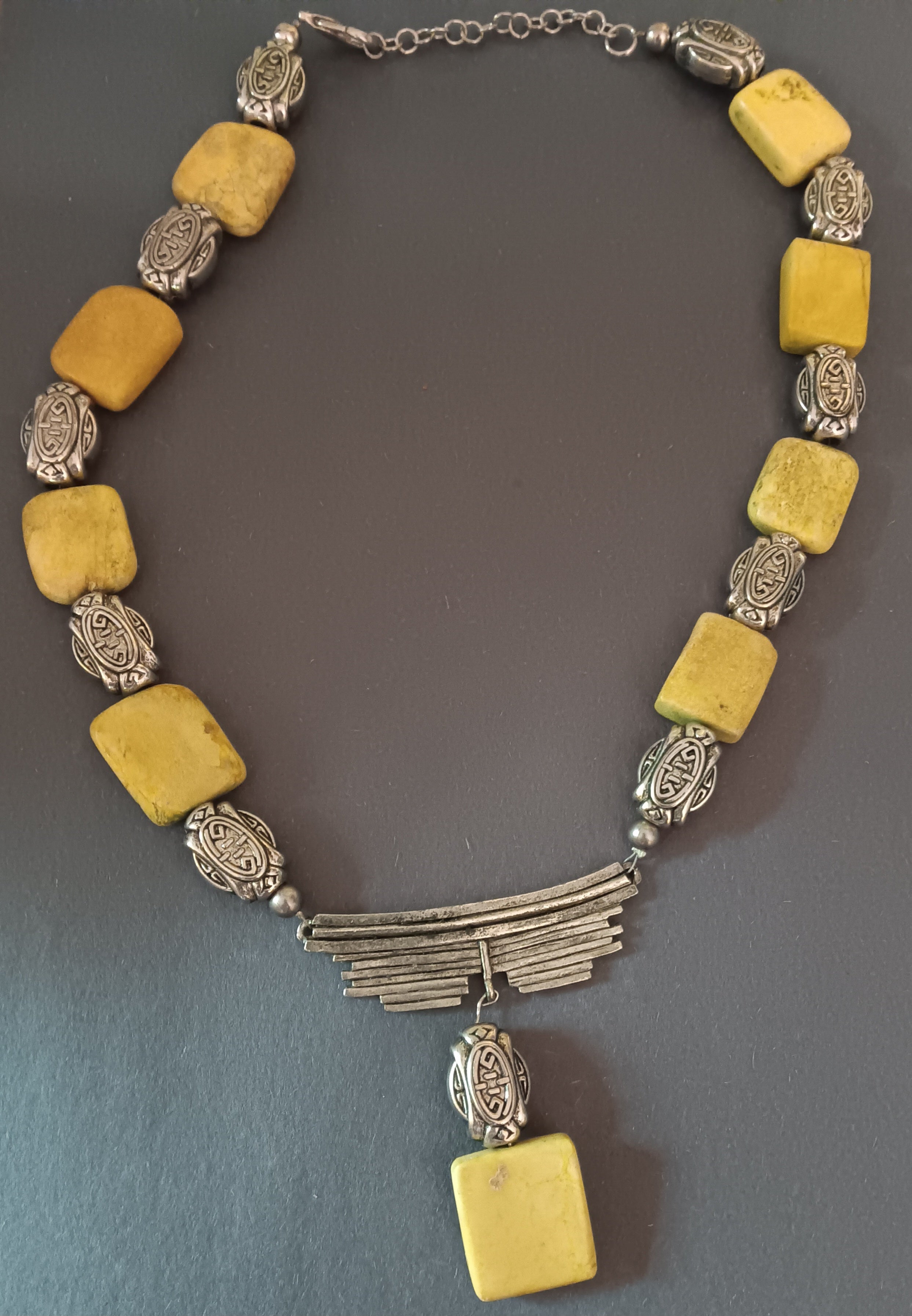 Necklace Art Deco Design yellow resin dpacers lobster fastener