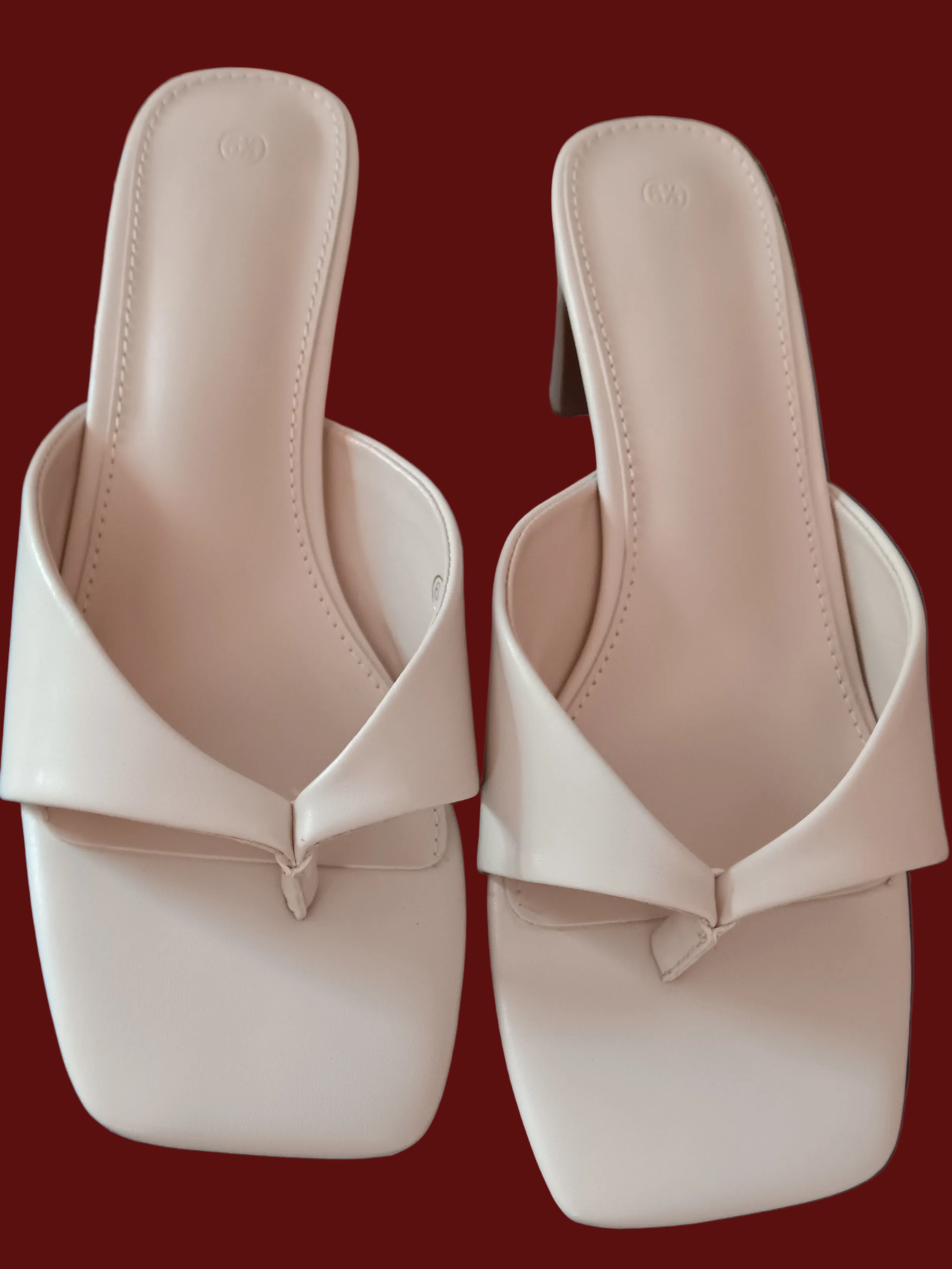 Ladies beige stack heel padded leather sandles pair