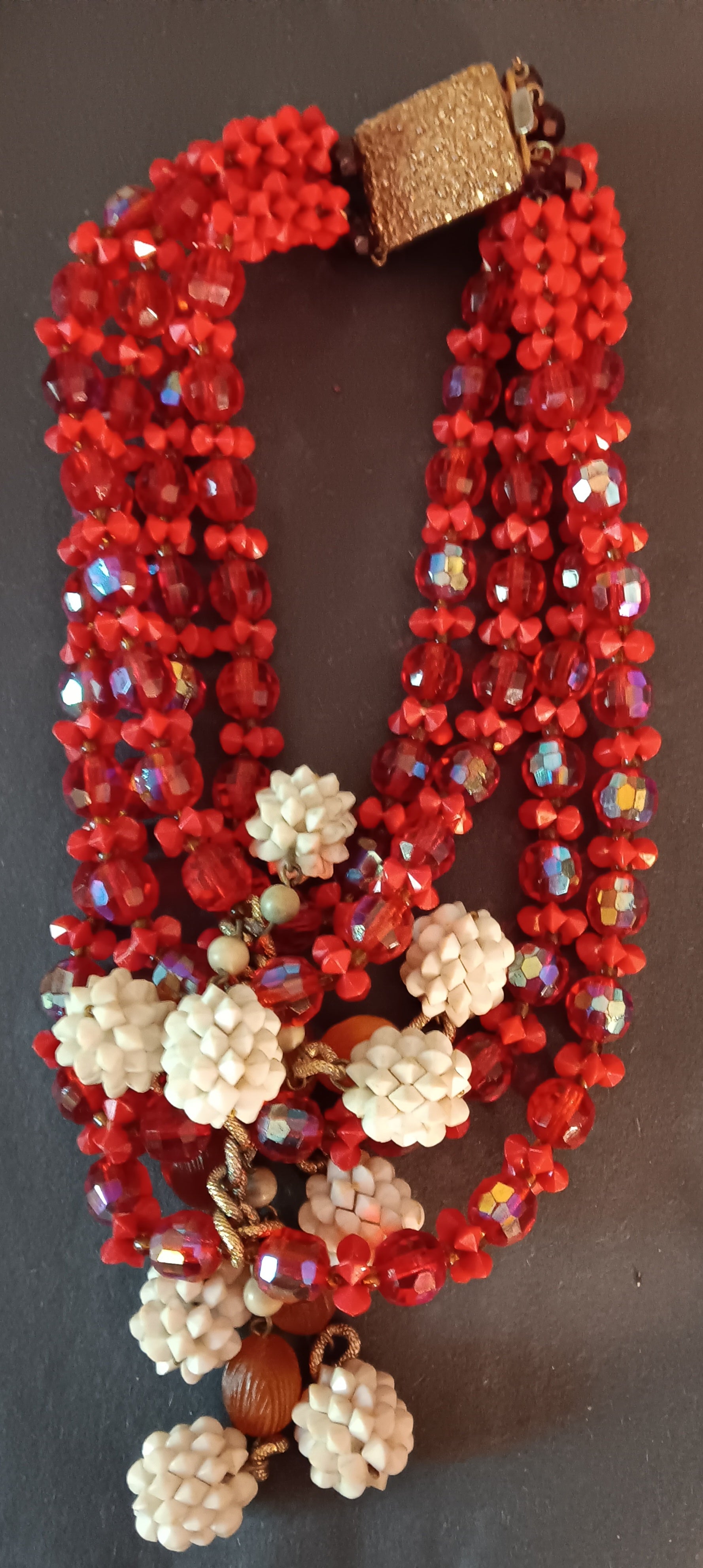 Statement necklace red beads dangles metal clip