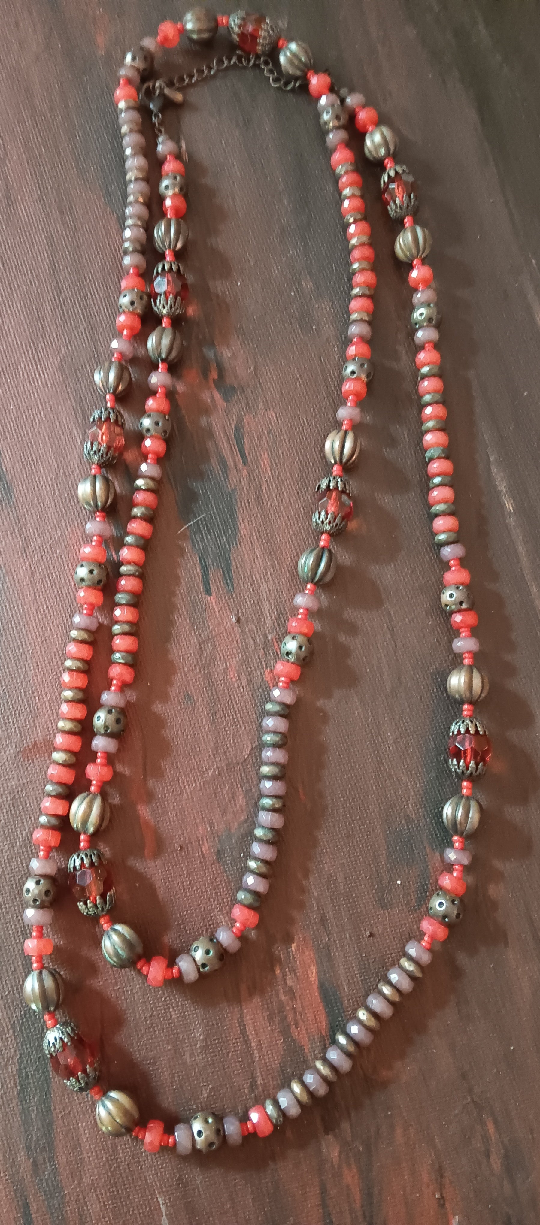 Vintage necklace glass beads brass beads 23"