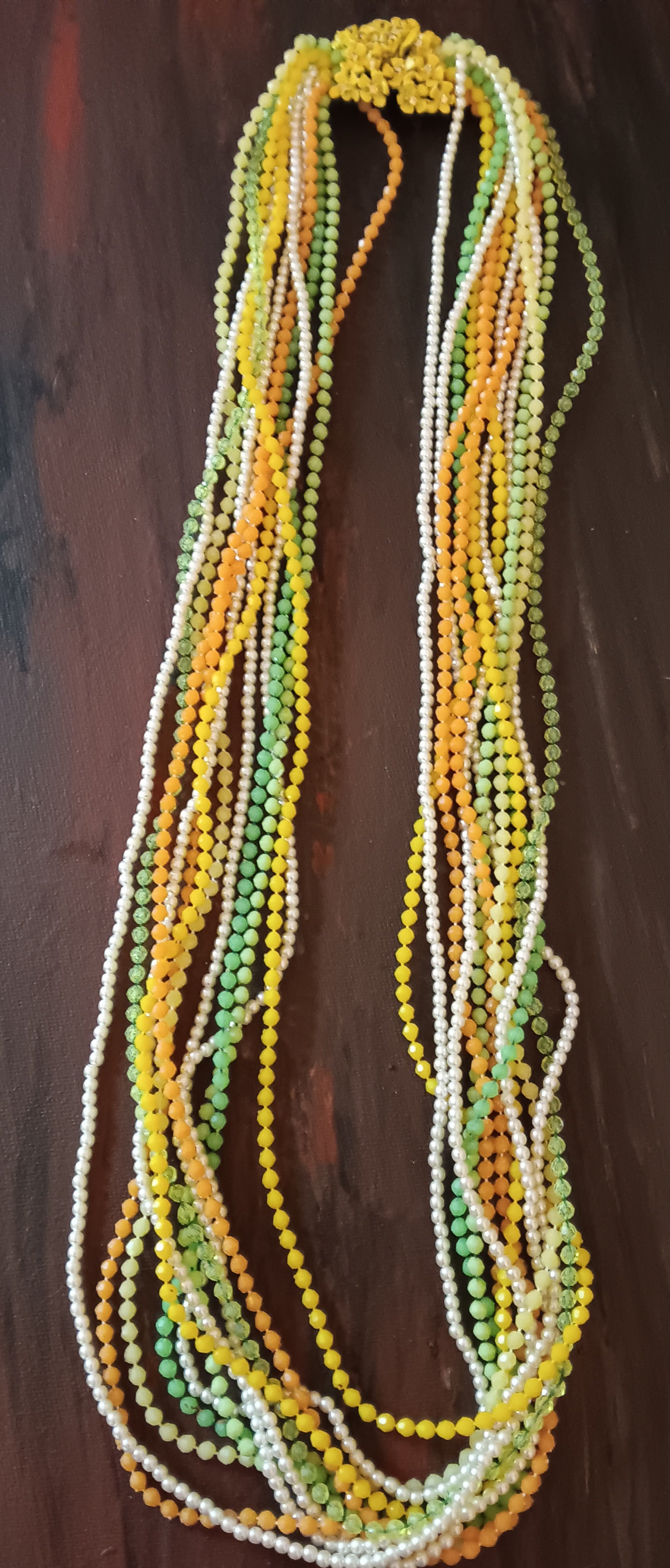 Vintage necklace small acrylic beads multi strand metal floral fastener