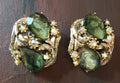 Vintage clipon earrings large blue glass stones and clear rhinestones 1-1/2"