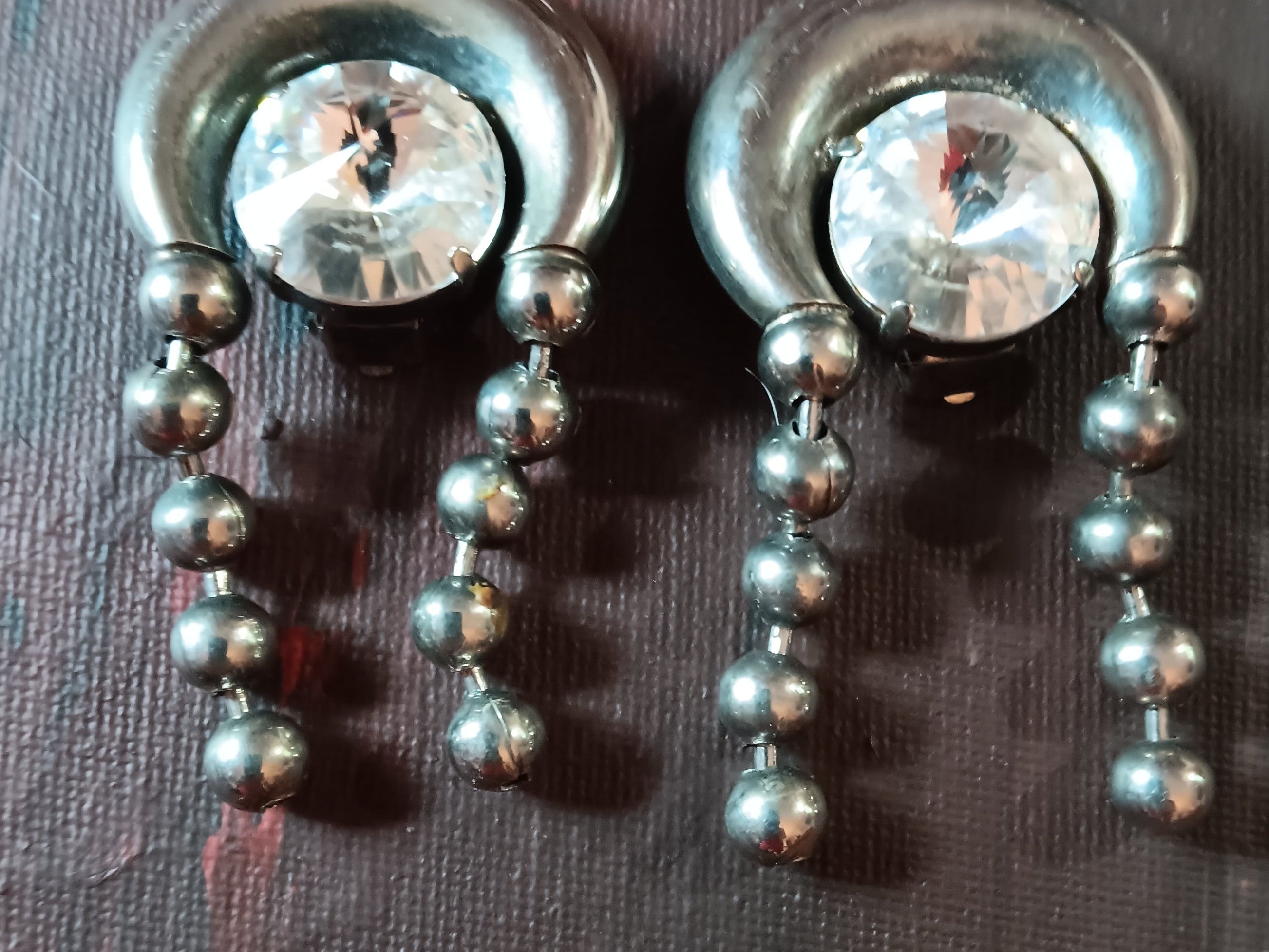 Vintage clipon earrings dilver tone steel horseshoe shape with beaded dangles large acrylic jewel