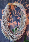 Necklace tine seed beads blue white pink silver silver tone bell shape ends