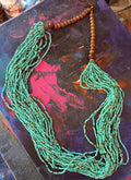 Necklace seed bead large wooden beads round neck adjustable chain blue and gold beads