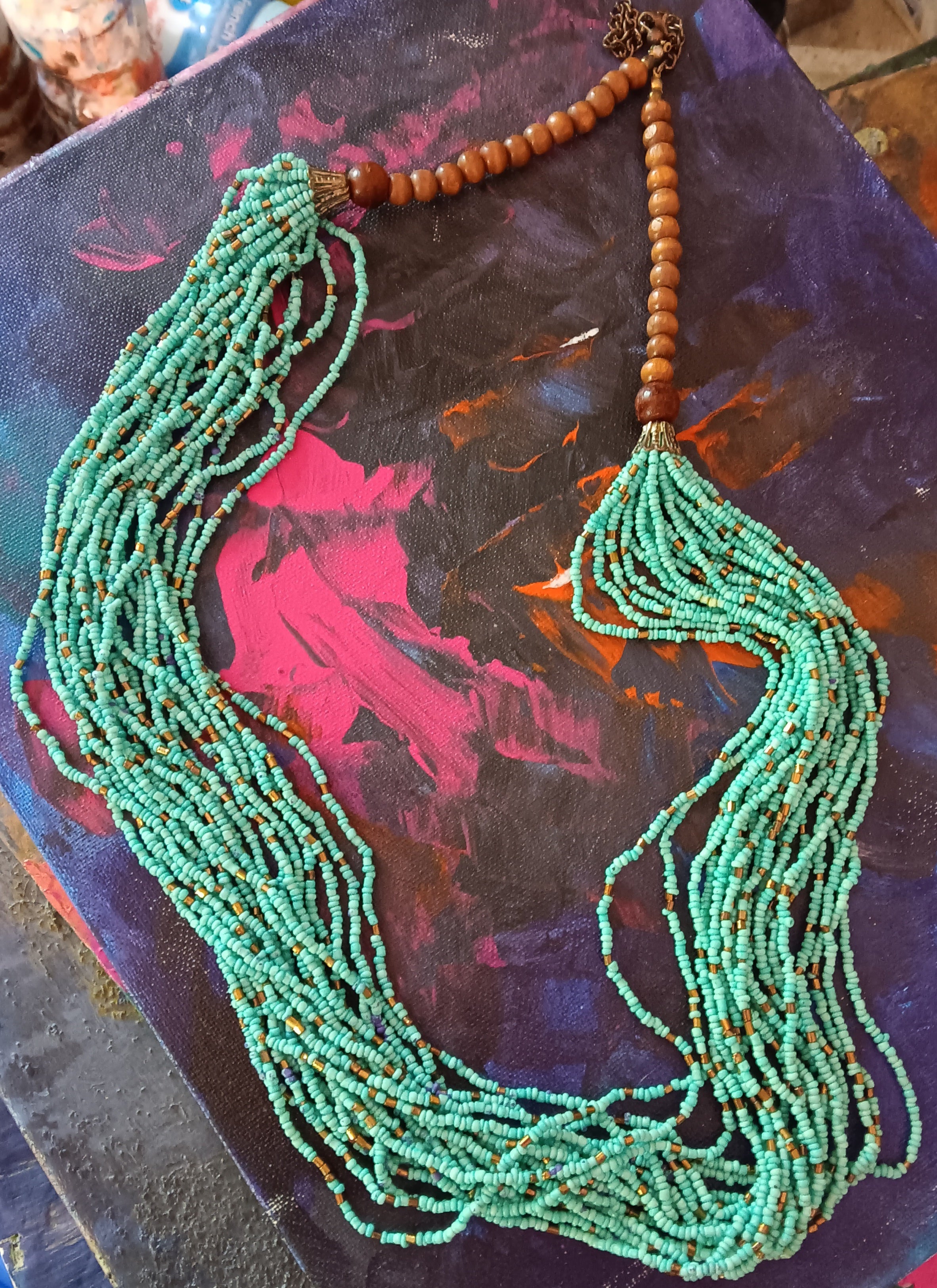 Necklace seed bead large wooden beads round neck adjustable chain blue and gold beads