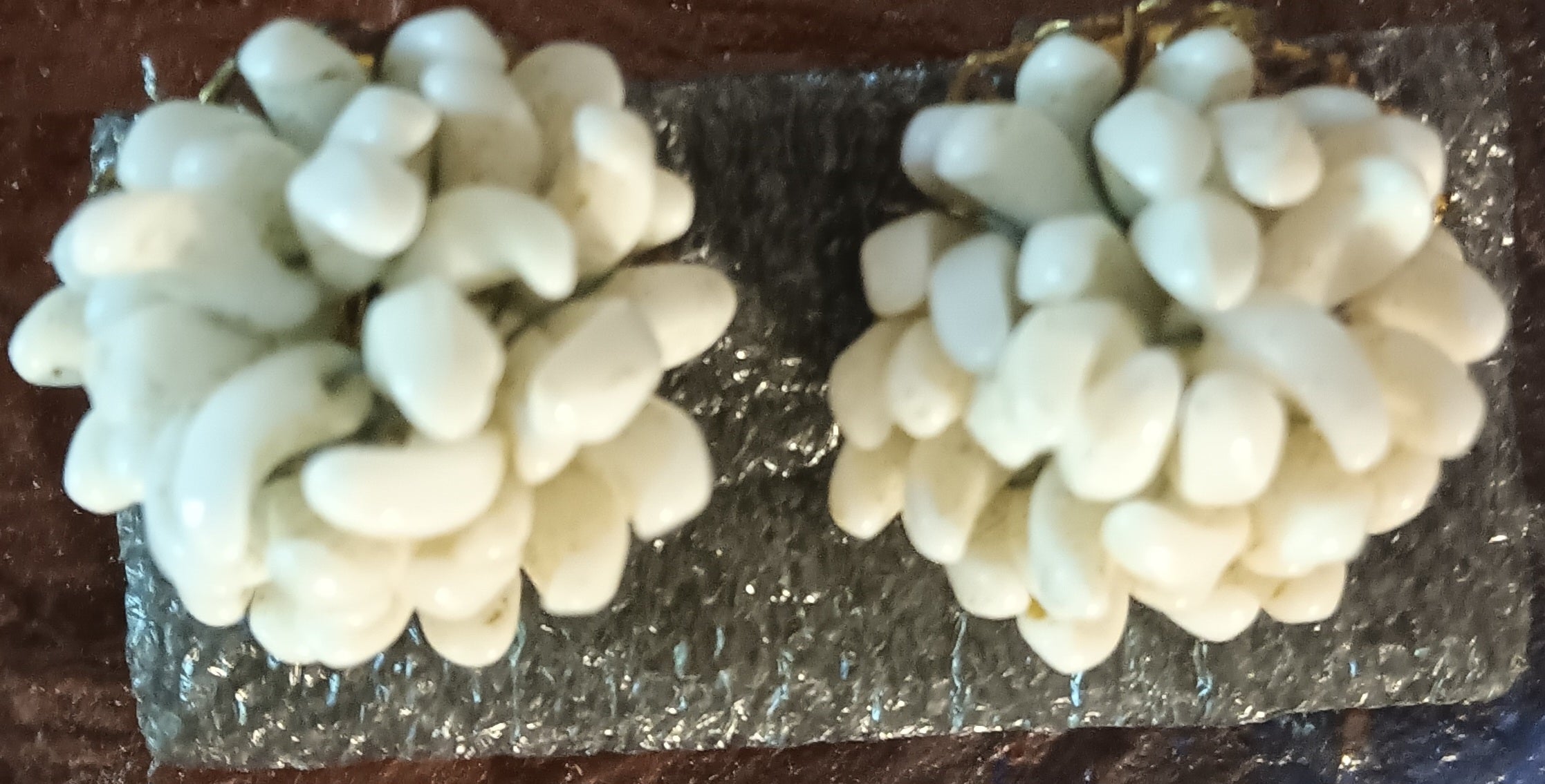 Vintage 50s cluster white milkglass clip on earrings marked