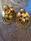 Kramer vintage clip on earrings yellow rhinestones red rubyart glass gold balls gold tone rope chain marked