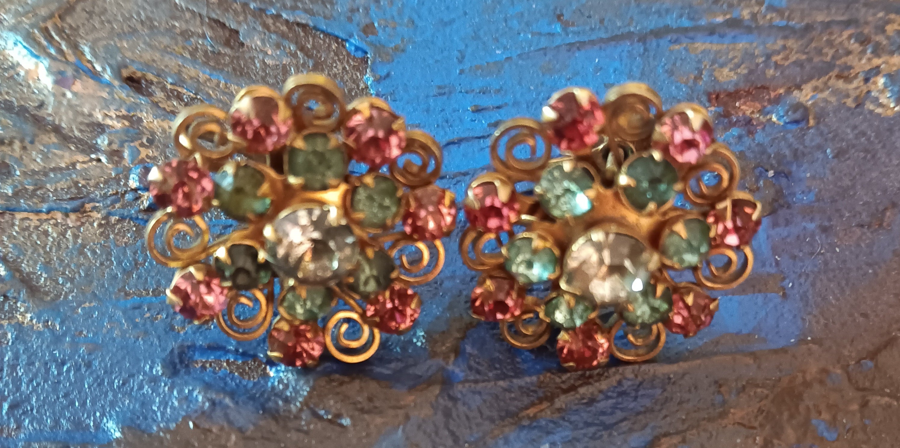 Hollycraft multi color rhinestone screwback earrings signed