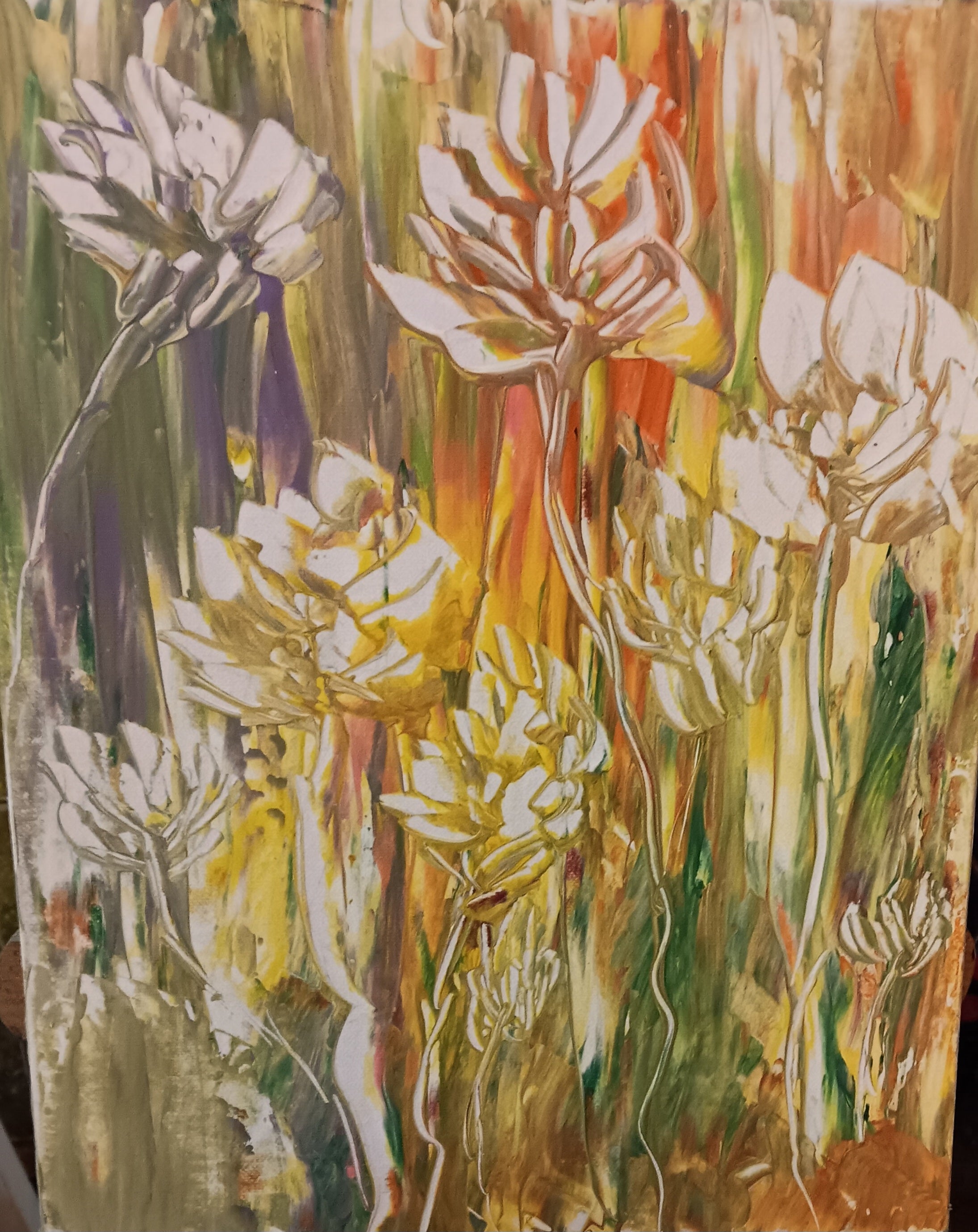 Original acrylic scrape painting by Bonnie floral yellows