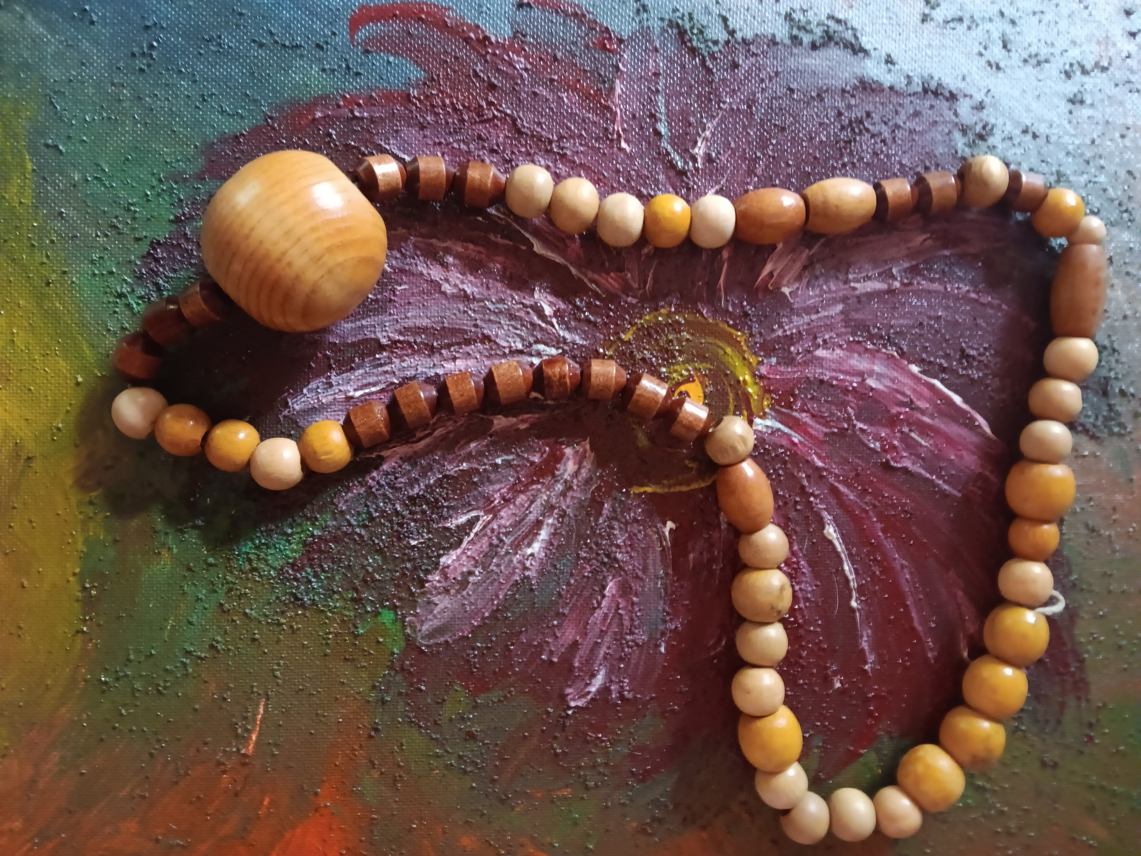 Vintage wooden necklace hand strung large brown
