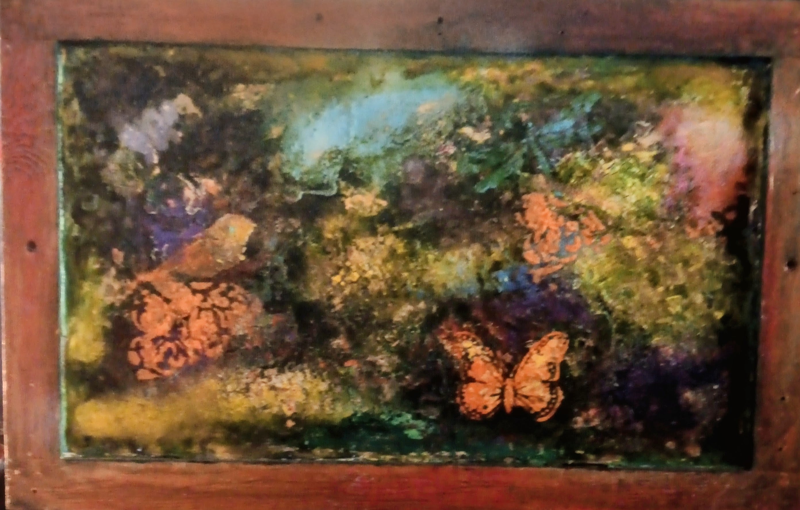 Vintage wooden frame with acrylic painting fantasy garden 22x15