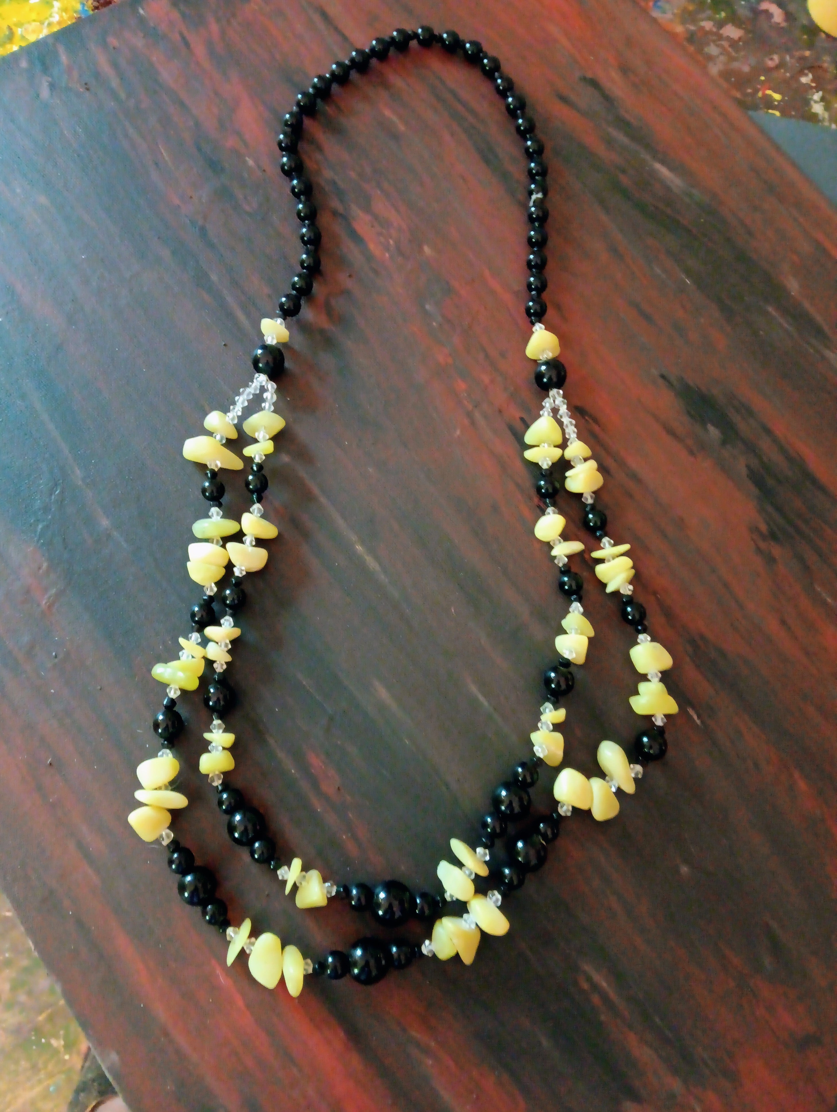 Necklace hand made black obsidisn and honey calcite strung on wire