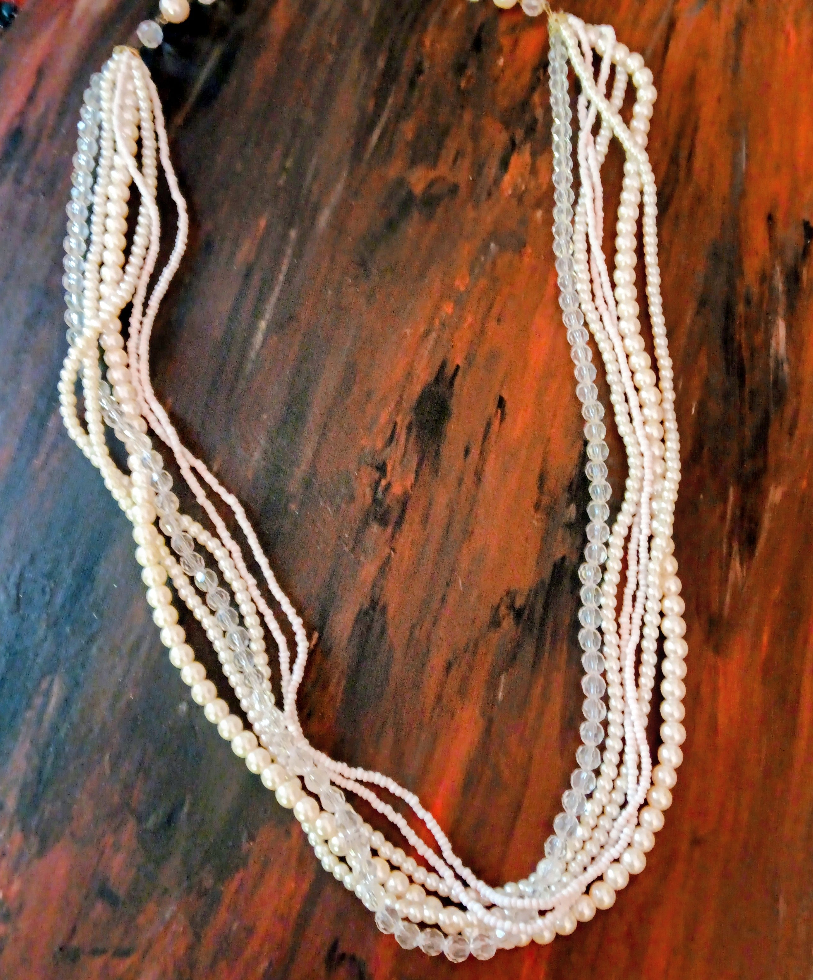White beaded necklace runway piece multi strand long
