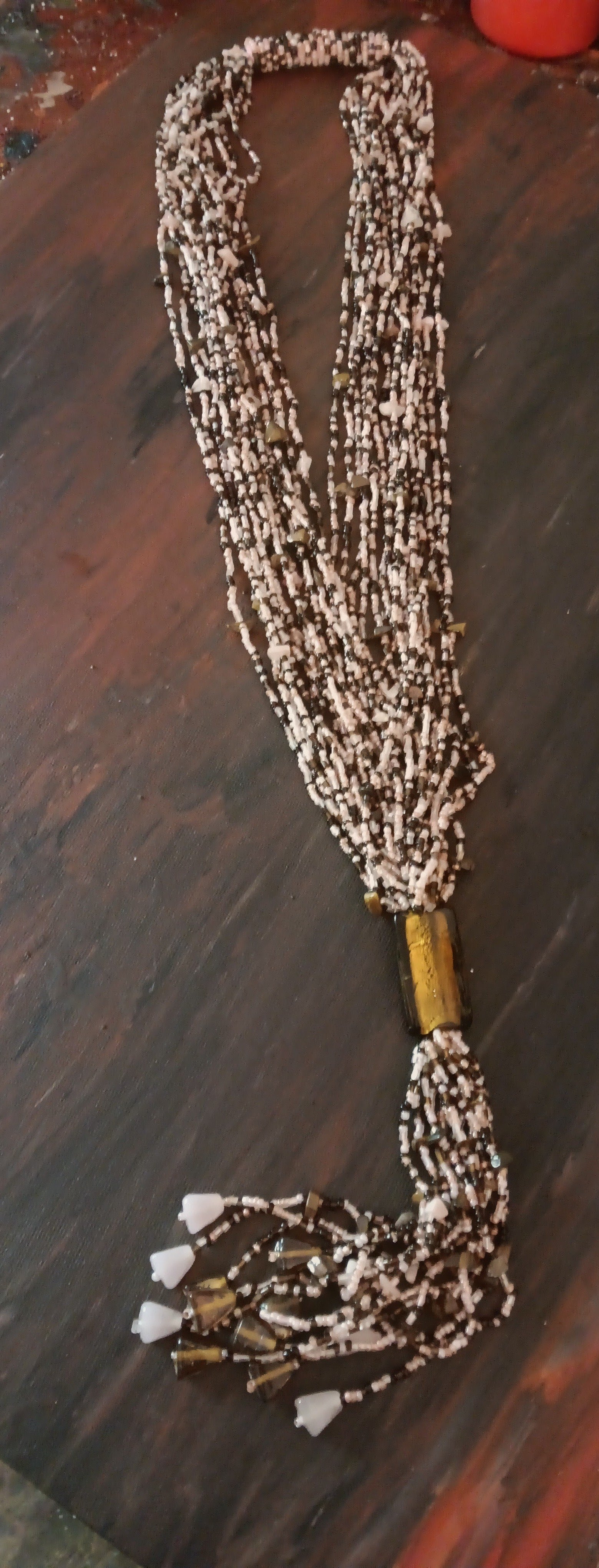Vintage glass and gemstone seed bead tie necklace