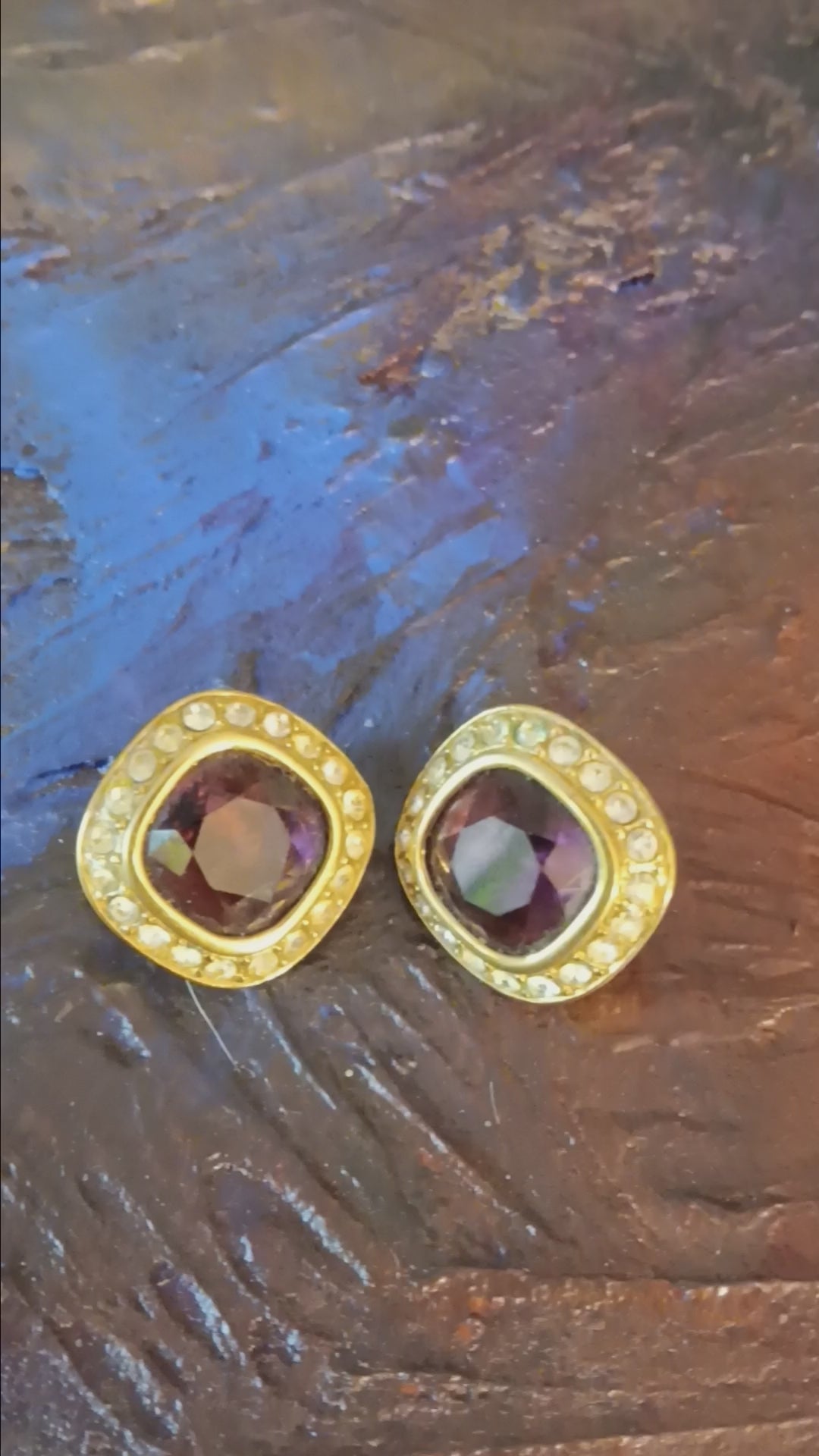 Vintage Money clip on earrings large lavender stone surrounded by white rhinestones